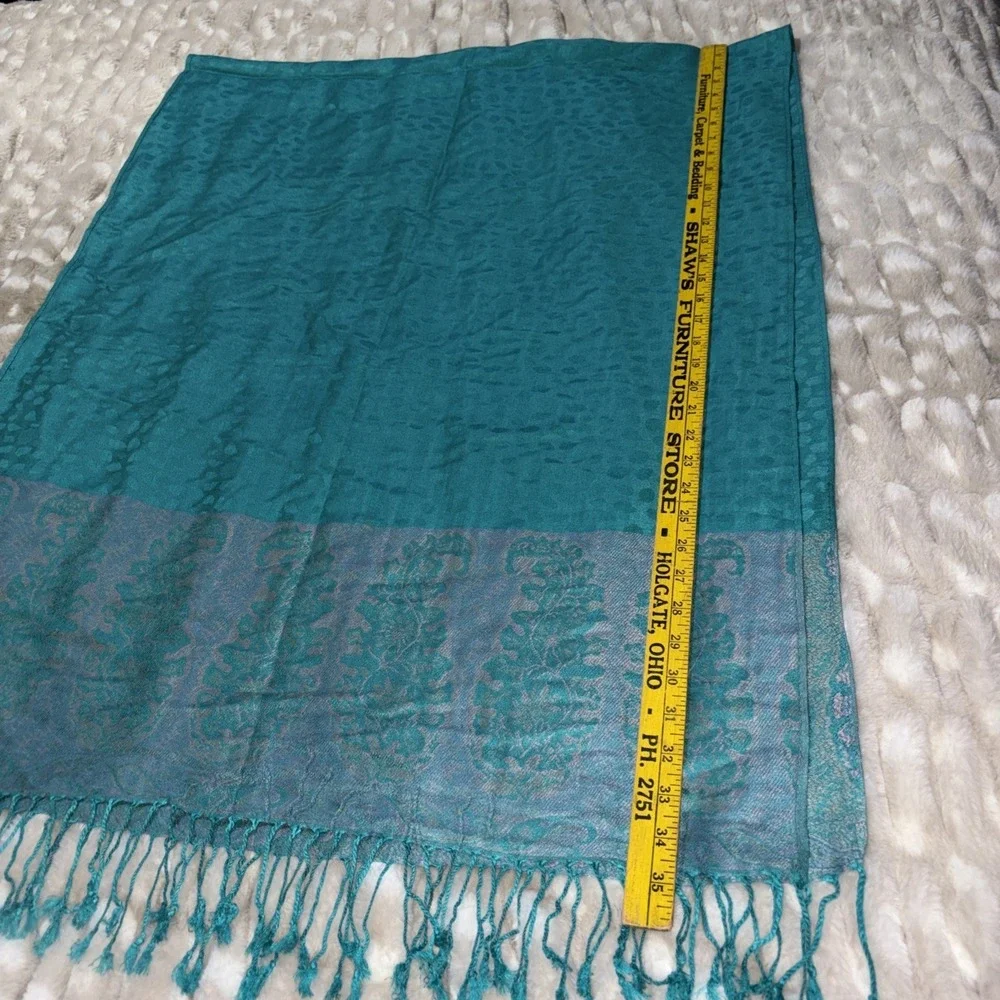 VTG 100%‎ Himalaya Cashmere Scarf Hand Made Delicate Fringe Detailing Turquoise